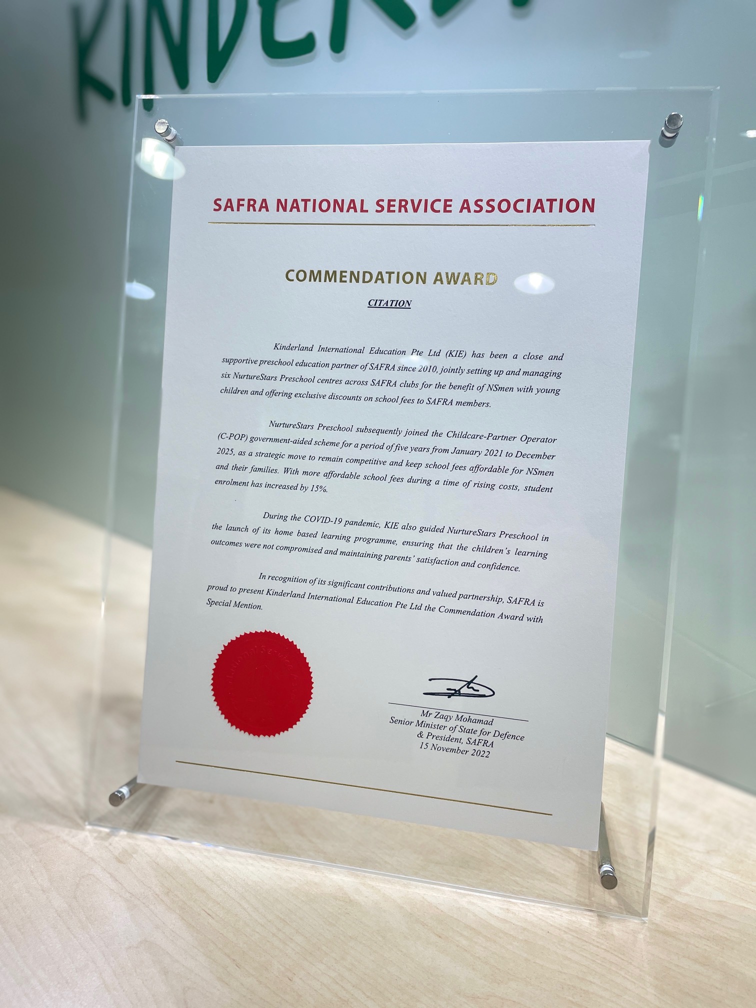 Kinderland receives Award with Special Mention” at SAFRA